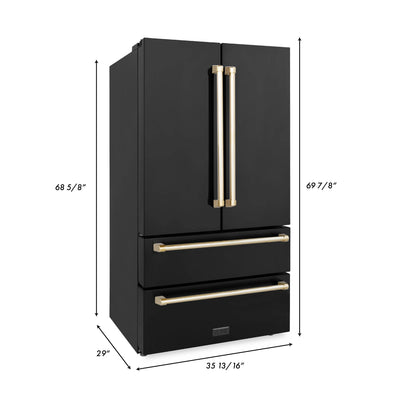 ZLINE 36" Autograph Edition 22.5 cu. ft Freestanding French Door Refrigerator with Ice Maker in Fingerprint Resistant Black Stainless Steel with Gold Accents (RFMZ-36-BS-G)