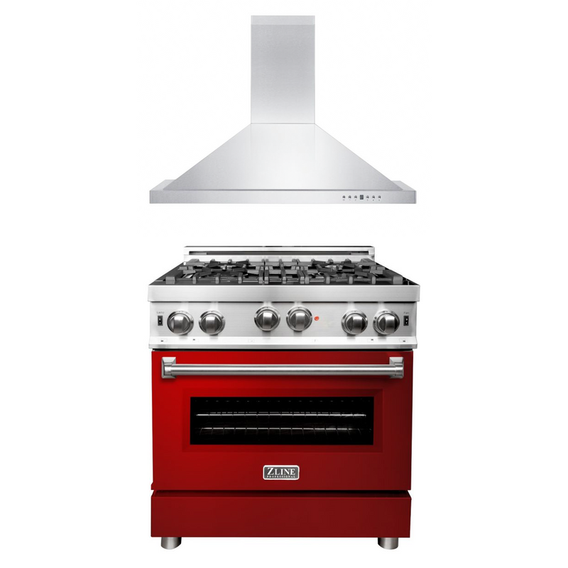 ZLINE 30" Kitchen Package with Stainless Steel Gas Range with Red Gloss Door and Convertible Vent Range Hood (2KP-RGRGRH30)