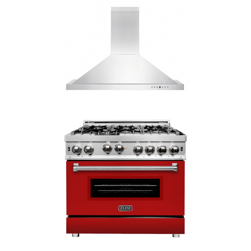 ZLINE 36" Kitchen Package with Stainless Steel Gas Range with Red Matte Door and Convertible Vent Range Hood (2KP-RGRMRH36)