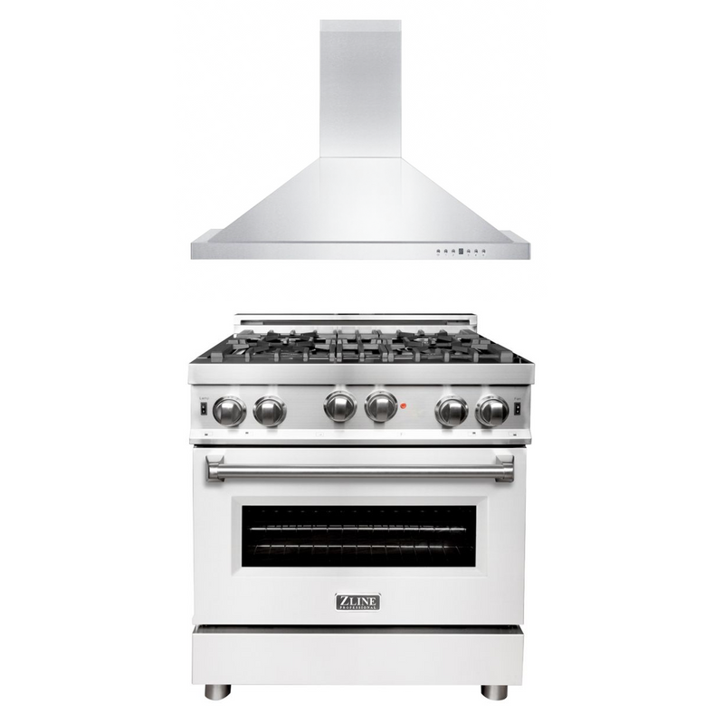 ZLINE 30" Kitchen Package with Stainless Steel Gas Range with White Matte Door and Convertible Vent Range Hood (2KP-RGWMRH30)