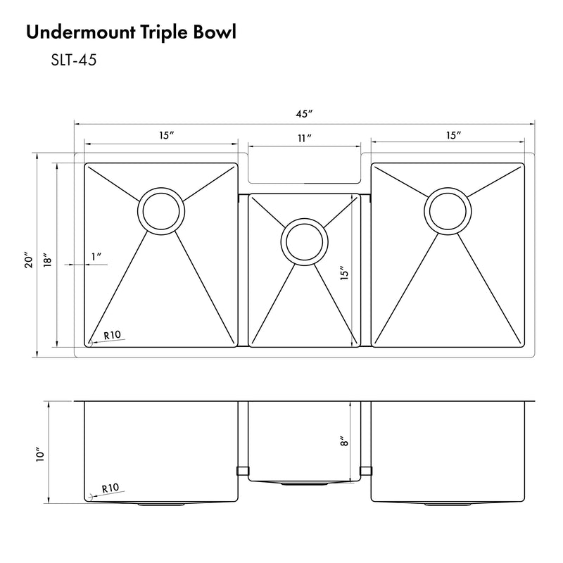ZLINE Breckenridge 45 Inch Undermount Triple Bowl Sink in DuraSnow®Stainless Steel with Accessories (SLT-45S)