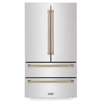 ZLINE 36" Autograph Edition 22.5 cu. ft Freestanding French Door Refrigerator with Ice Maker in Fingerprint Resistant Stainless Steel with Champagne Bronze Accents (RFMZ-36-CB)