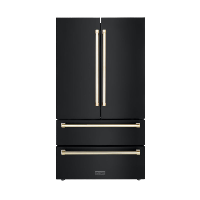 ZLINE 36" Autograph Edition 22.5 cu. ft Freestanding French Door Refrigerator with Ice Maker in Fingerprint Resistant Black Stainless Steel with Gold Accents (RFMZ-36-BS-G)