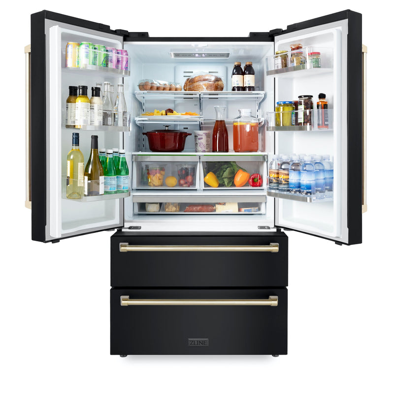ZLINE 36" Autograph Edition 22.5 cu. ft Freestanding French Door Refrigerator with Ice Maker in Fingerprint Resistant Black Stainless Steel with Gold Accents (RFMZ-36-BS-G)