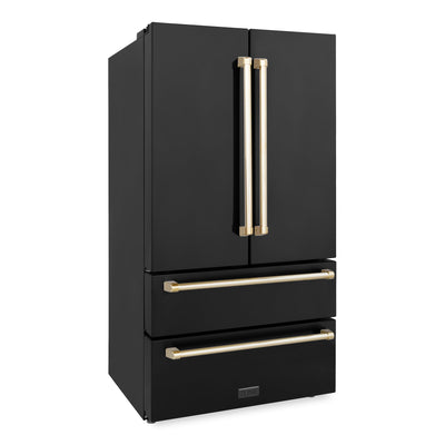 ZLINE 36" Autograph Edition 22.5 cu. ft Freestanding French Door Refrigerator with Ice Maker in Fingerprint Resistant Black Stainless Steel with Gold Accents (RFMZ-36-BS-G)