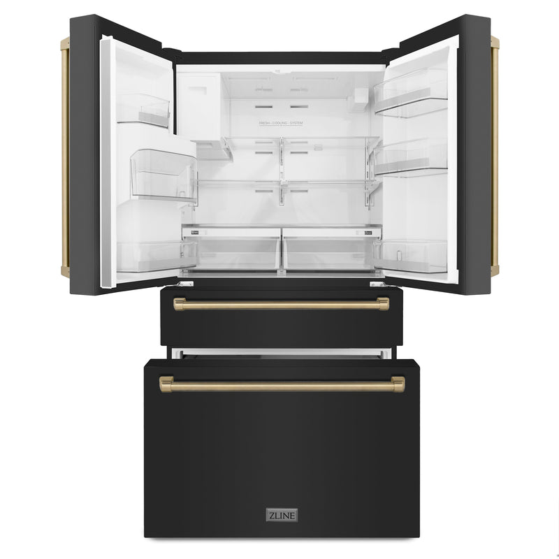 ZLINE 36" Autograph Edition 21.6 cu. ft Freestanding French Door Refrigerator with Water and Ice Dispenser in Fingerprint Resistant Black Stainless Steel with Champagne Bronze Handles (RFMZ-W-36-BS-CB)