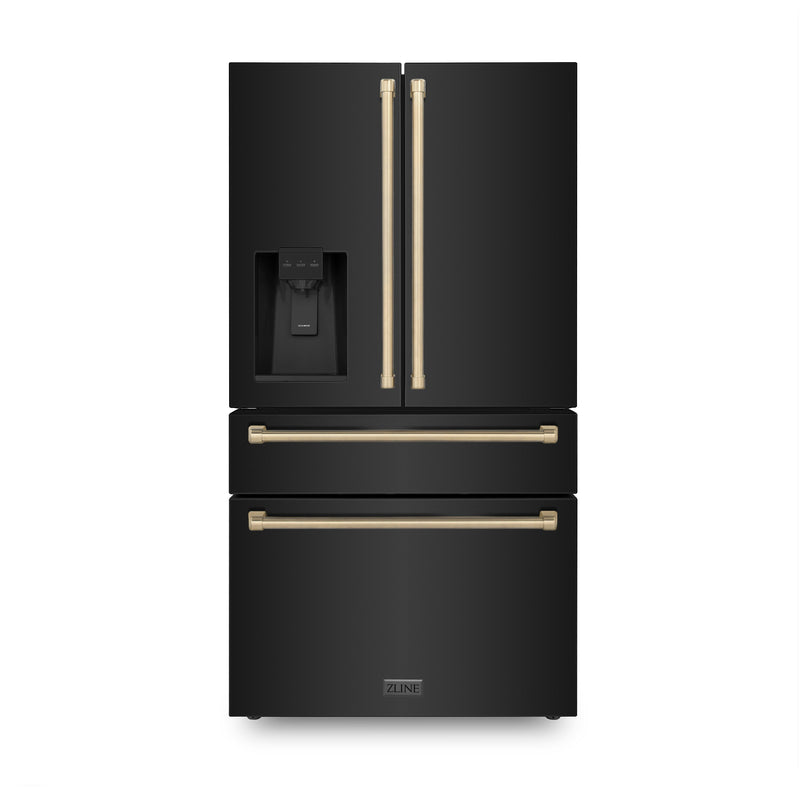 ZLINE 36" Autograph Edition 21.6 cu. ft Freestanding French Door Refrigerator with Water and Ice Dispenser in Fingerprint Resistant Black Stainless Steel with Champagne Bronze Handles (RFMZ-W-36-BS-CB)