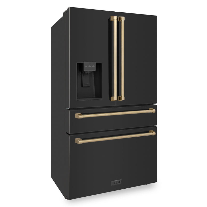 ZLINE 36" Autograph Edition 21.6 cu. ft Freestanding French Door Refrigerator with Water and Ice Dispenser in Fingerprint Resistant Black Stainless Steel with Champagne Bronze Handles (RFMZ-W-36-BS-CB)