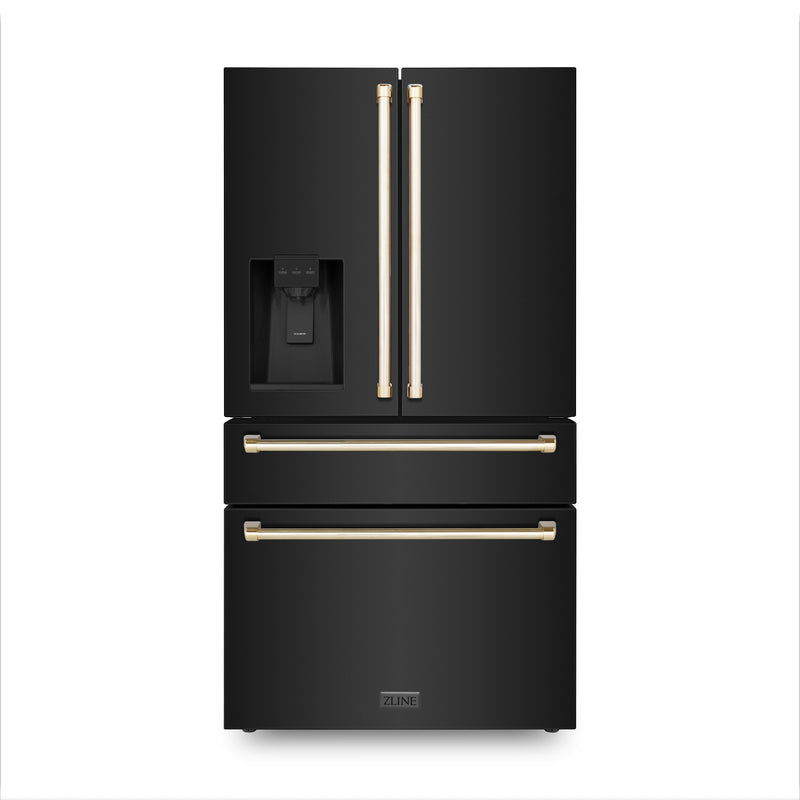 ZLINE 36" Autograph Edition 21.6 cu. ft Freestanding French Door Refrigerator with Water and Ice Dispenser in Fingerprint Resistant Black Stainless Steel with Autograph Handles (RFMZ-W-36-BS-G)