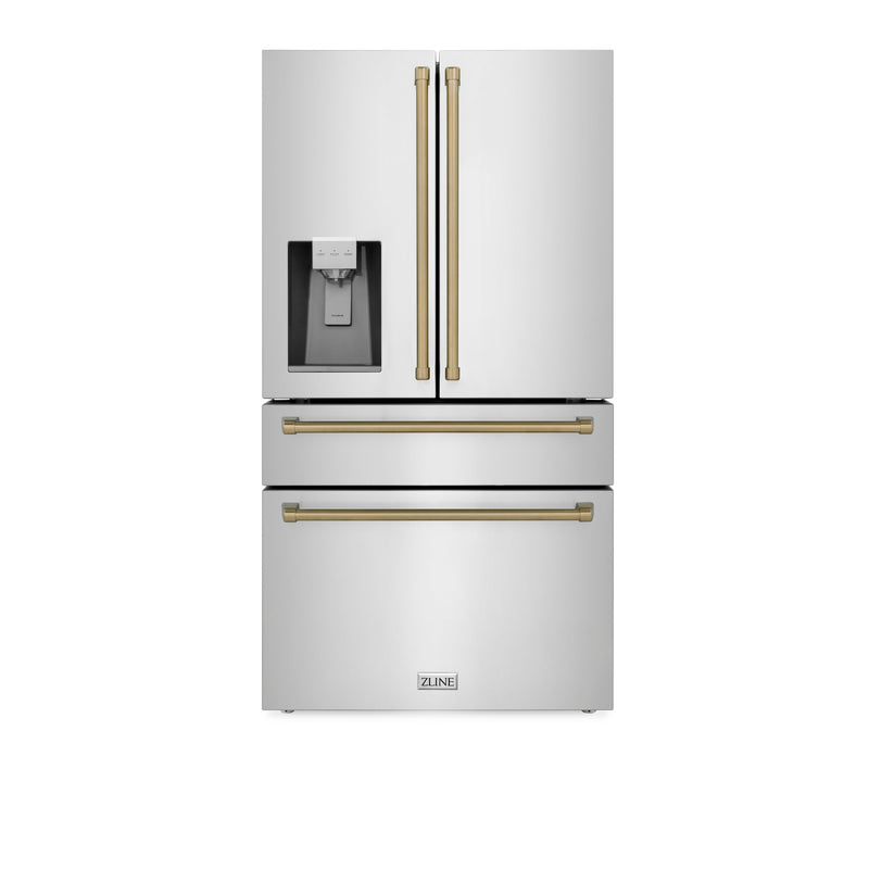 ZLINE 36" Autograph Edition 21.6 cu. ft Freestanding French Door Refrigerator with Water and Ice Dispenser in Fingerprint Resistant Stainless Steel with Accents (RFMZ-W-36-G)