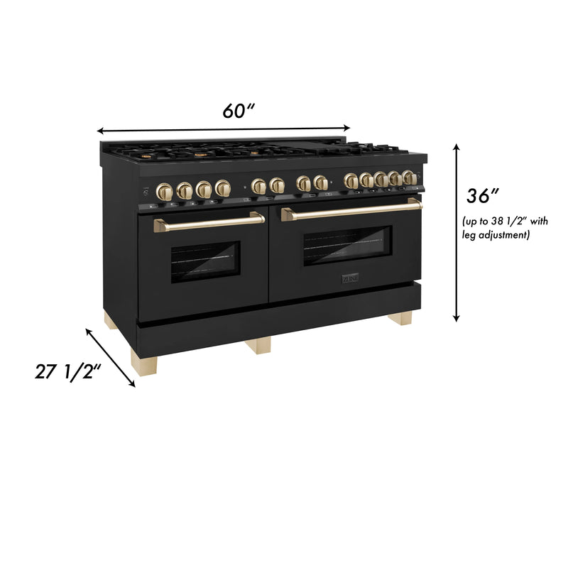 ZLINE Autograph Edition 60" 7.4 cu. ft. Dual Fuel Range with Gas Stove and Electric Oven in Black Stainless Steel with Accents (RABZ-60)