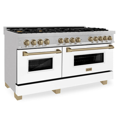 ZLINE Autograph Edition 60" 7.4 cu. ft. Dual Fuel Range with Gas Stove and Electric Oven in DuraSnow® Stainless Steel with White Matte Door and Accents (RASZ-WM-60)