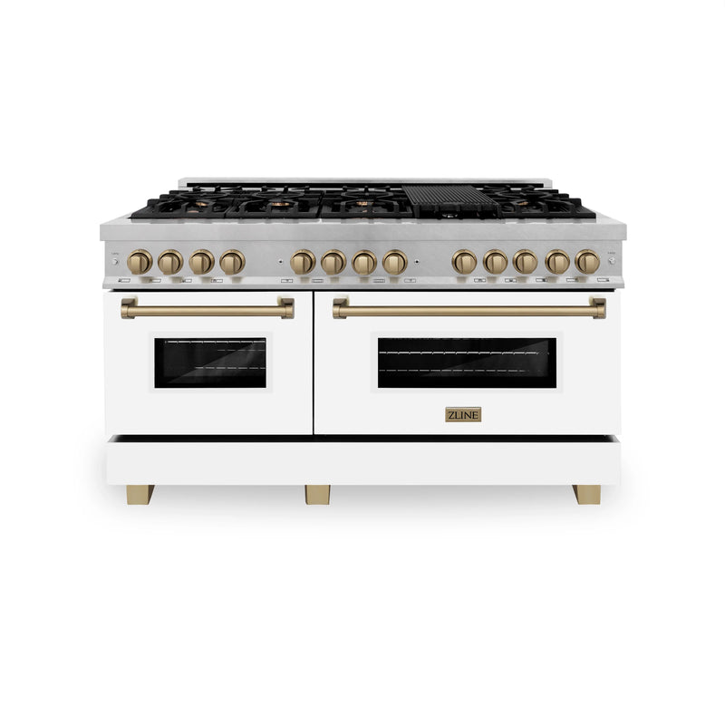 ZLINE Autograph Edition 60" 7.4 cu. ft. Dual Fuel Range with Gas Stove and Electric Oven in DuraSnow® Stainless Steel with White Matte Door and Accents (RASZ-WM-60)