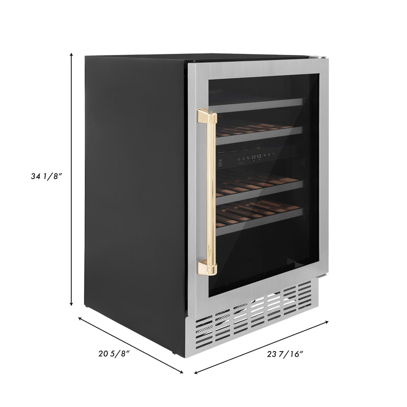 ZLINE 24" Monument Autograph Edition Dual Zone 44-Bottle Wine Cooler in Stainless Steel with Gold Accents (RWVZ-UD-24-G)