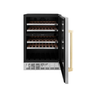 ZLINE 24" Monument Autograph Edition Dual Zone 44-Bottle Wine Cooler in Stainless Steel with Gold Accents (RWVZ-UD-24-G)
