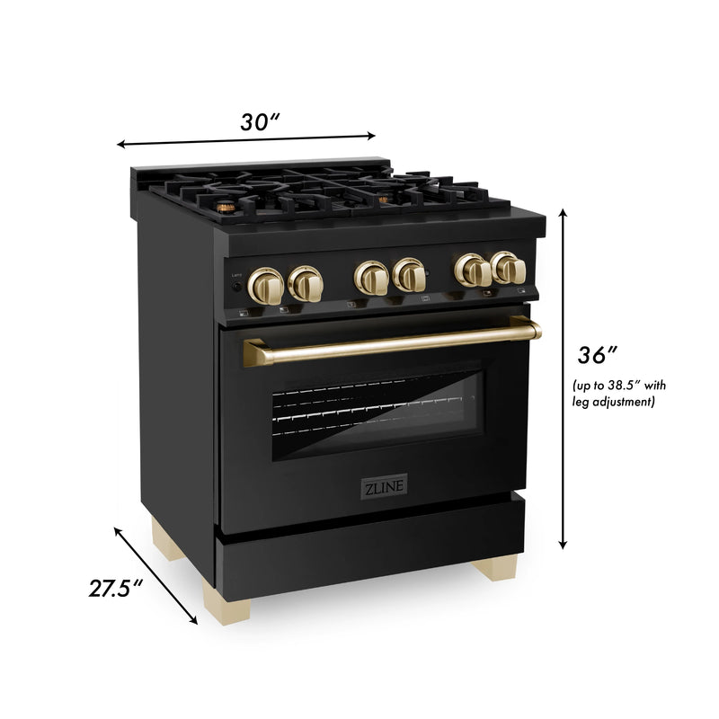 ZLINE Autograph Edition 30" 4.0 cu. ft. Dual Fuel Range with Gas Stove and Electric Oven in Black Stainless Steel with Accents (RABZ-30)