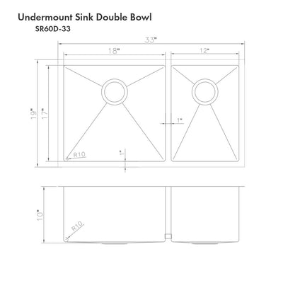 ZLINE Chamonix 33 Inch Undermount Double Bowl Sink in Stainless Steel (SR60D-33)