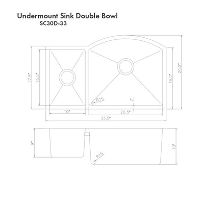 ZLINE Aspen 33 Inch Undermount Double Bowl Sink in Stainless Steel (SC30D-33)