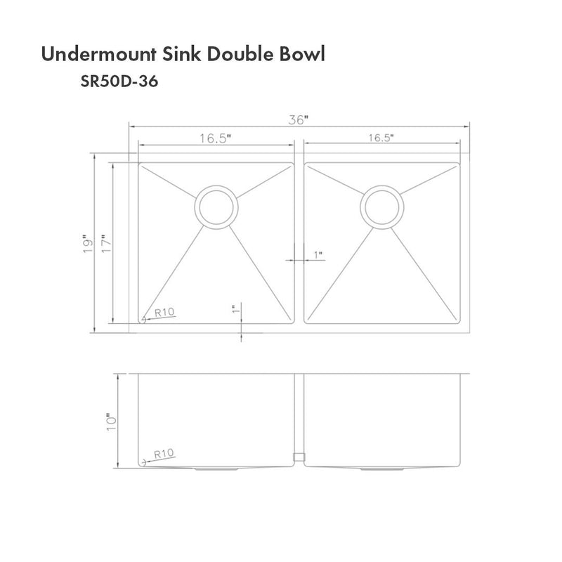 ZLINE Anton 36 Inch Undermount Double Bowl Sink in DuraSnow® Stainless Steel (SR50D-36S)