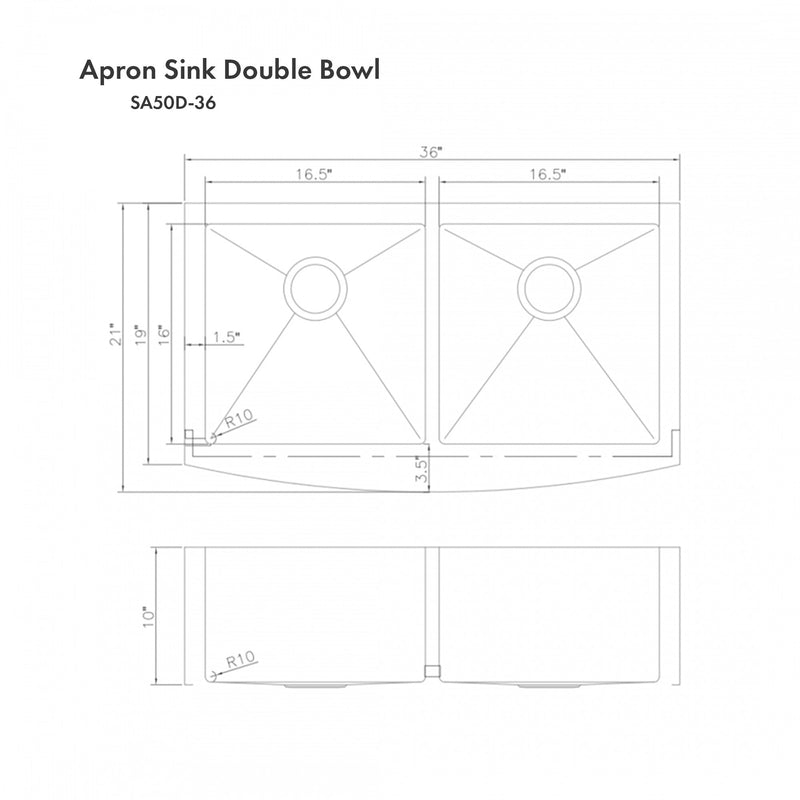 ZLINE Niseko Farmhouse 36 Inch Apron Mount Double Bowl Sink in DuraSnow® Stainless Steel (SA50D-36S)