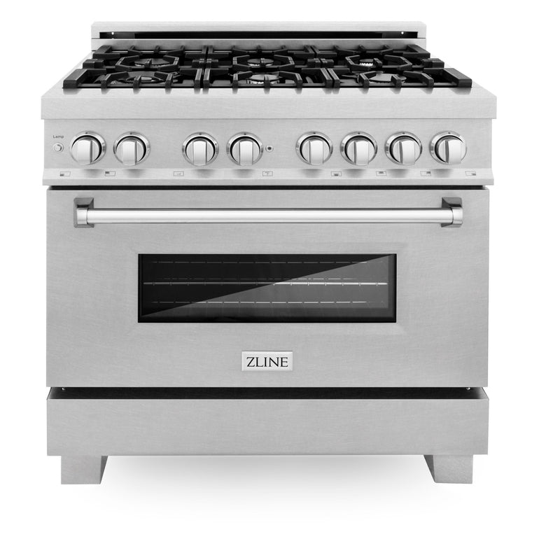 ZLINE 36" Professional Dual Fuel Range in DuraSnow® Stainless Steel with Color Door Options (RAS-SN-36)