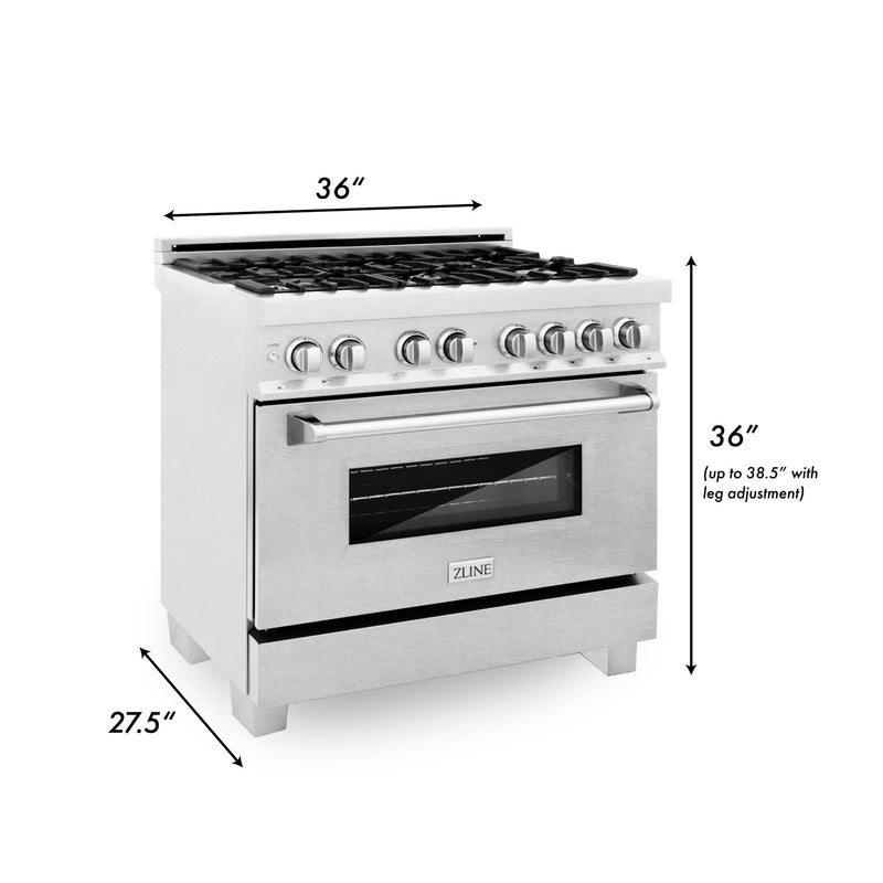 ZLINE 36" Professional Dual Fuel Range in DuraSnow® Stainless Steel with Color Door Options (RAS-SN-36)