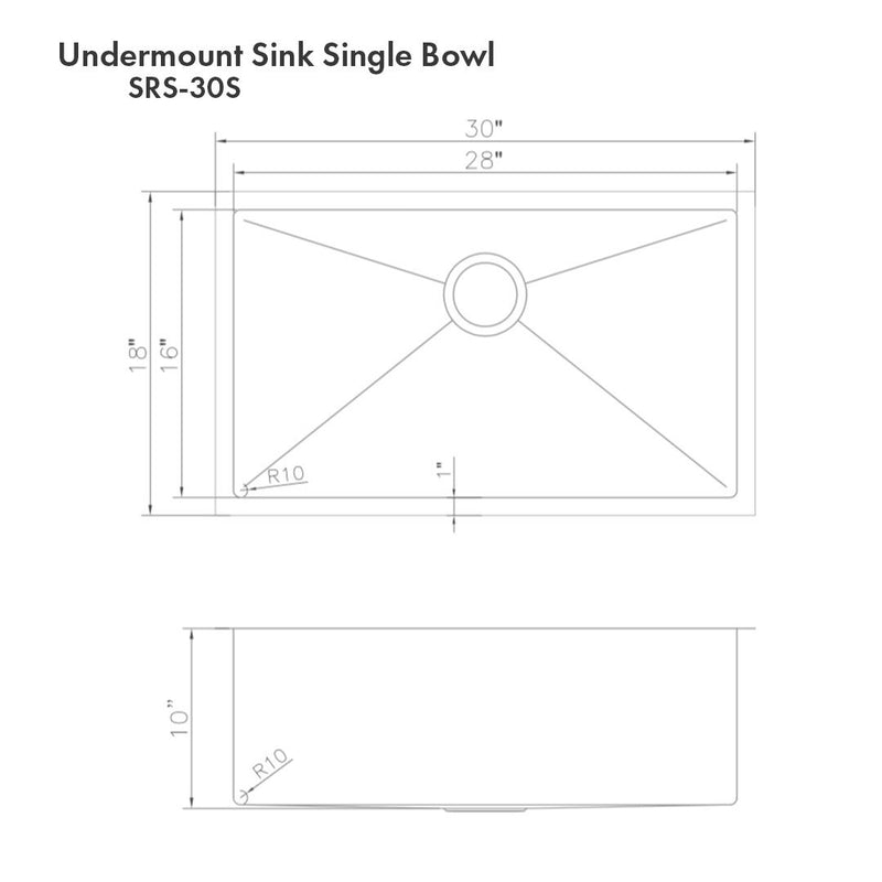 ZLINE Meribel 30 Inch Undermount Single Bowl Sink in Stainless Steel (SRS-30)